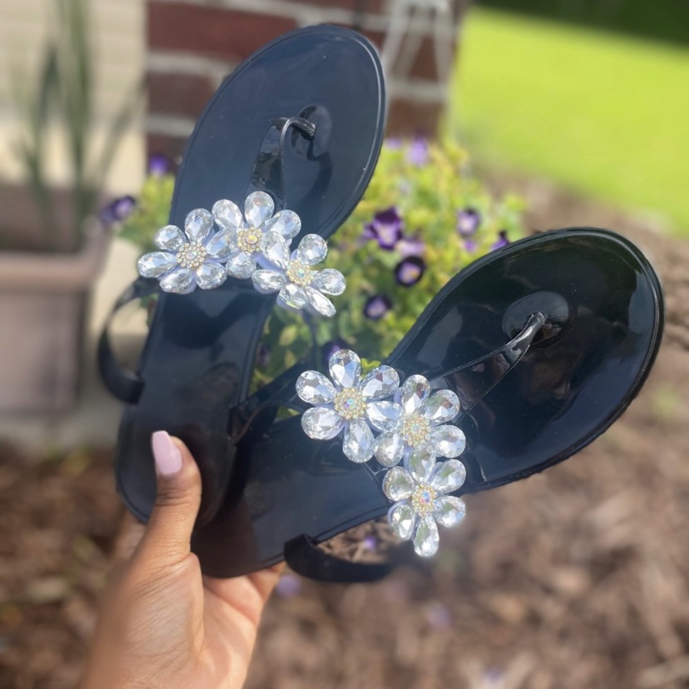 Black embellished thong sandals